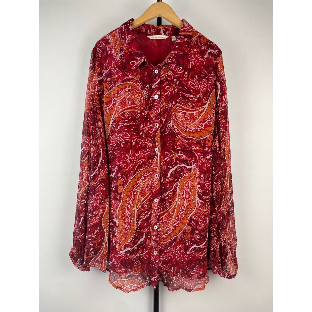 Soft Surroundings Womens 1X‎ Red Orange Paisley Crinkle Blouse Top Long Sleeve